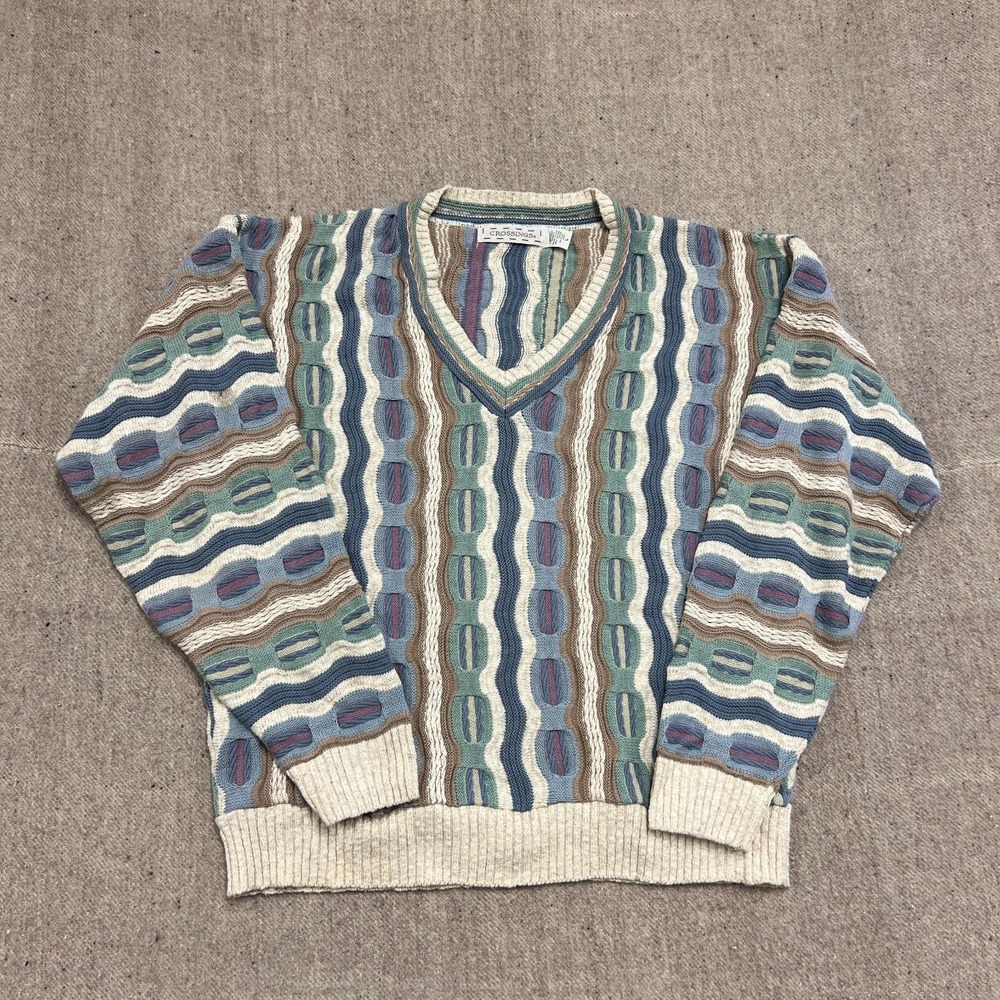 Vintage Crossing Sweater Mens Large 1990s Chunky 3D Striped V Neck